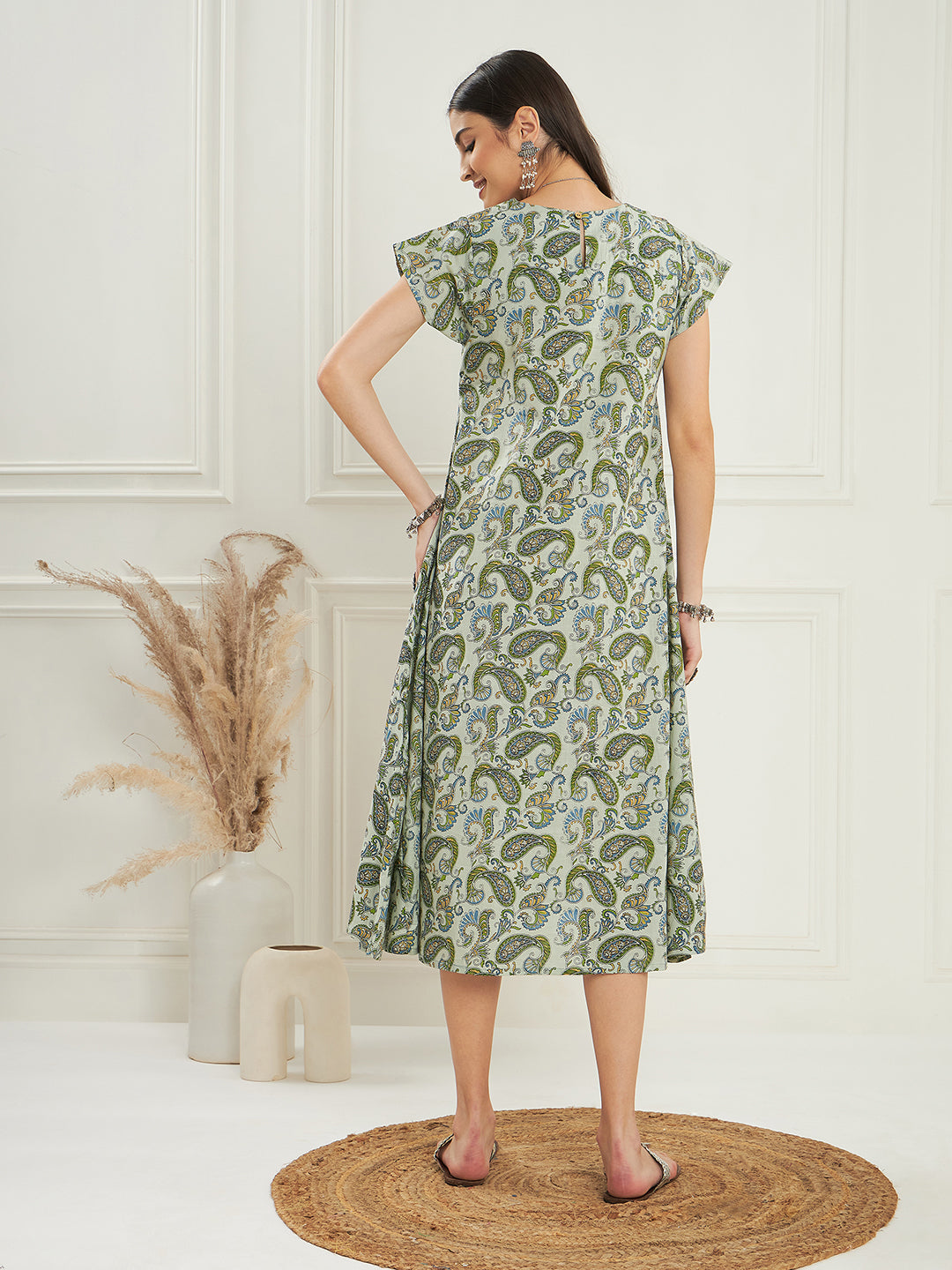 InWeave Women's Sage Green Paisley Print A Line Dress - Swadesiicart