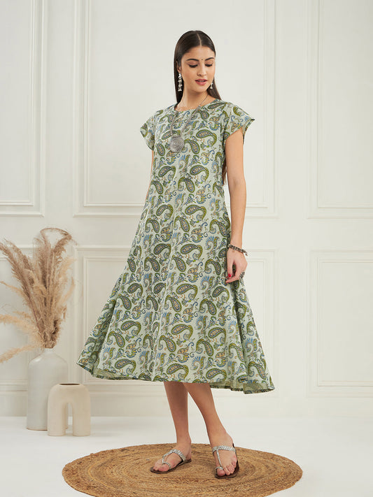 InWeave Women's Sage Green Paisley Print A Line Dress - Swadesiicart