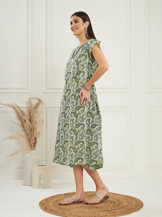 InWeave Women's Sage Green Paisley Print A Line Dress - Swadesiicart
