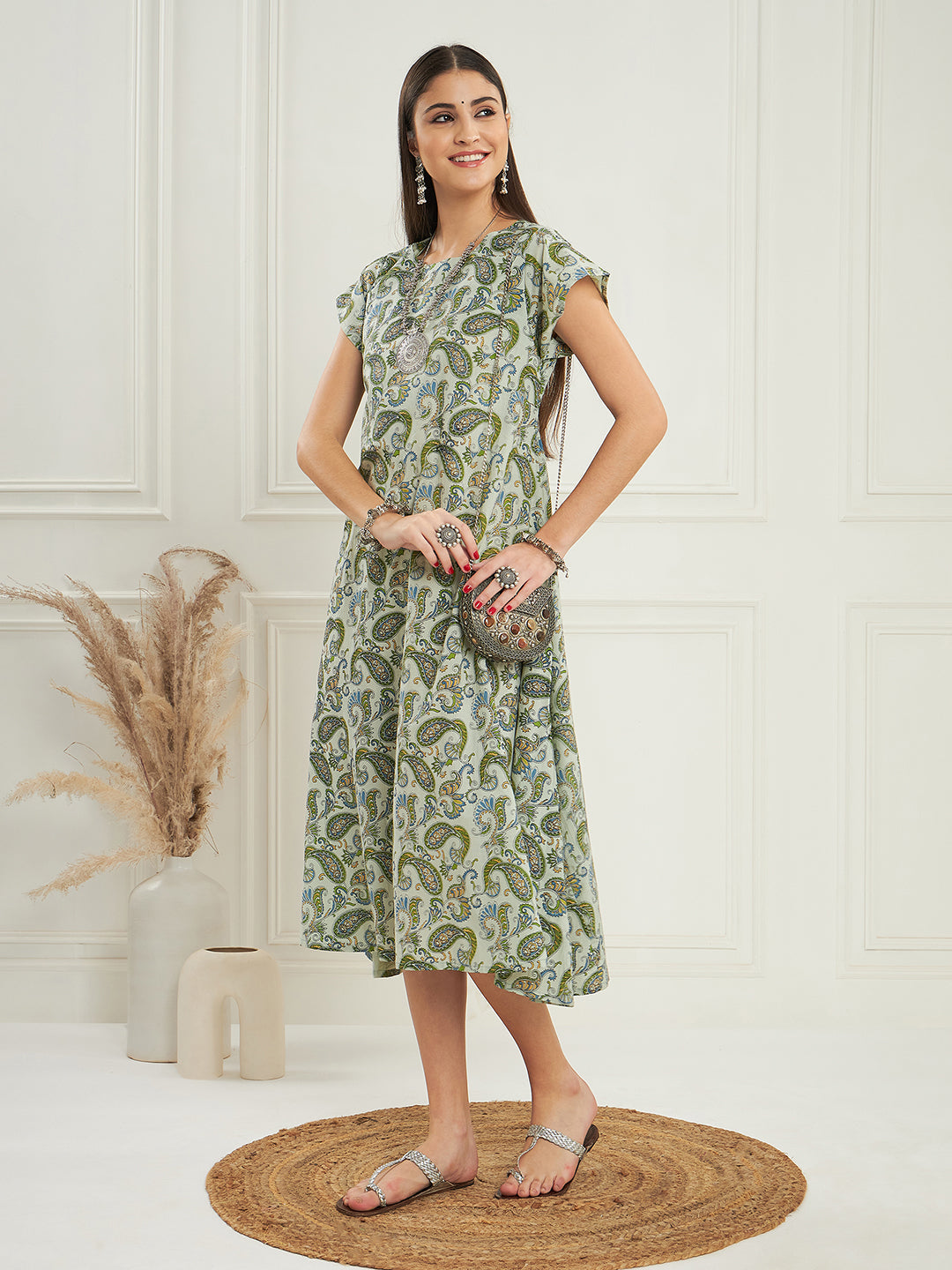 InWeave Women's Sage Green Paisley Print A Line Dress - Swadesiicart