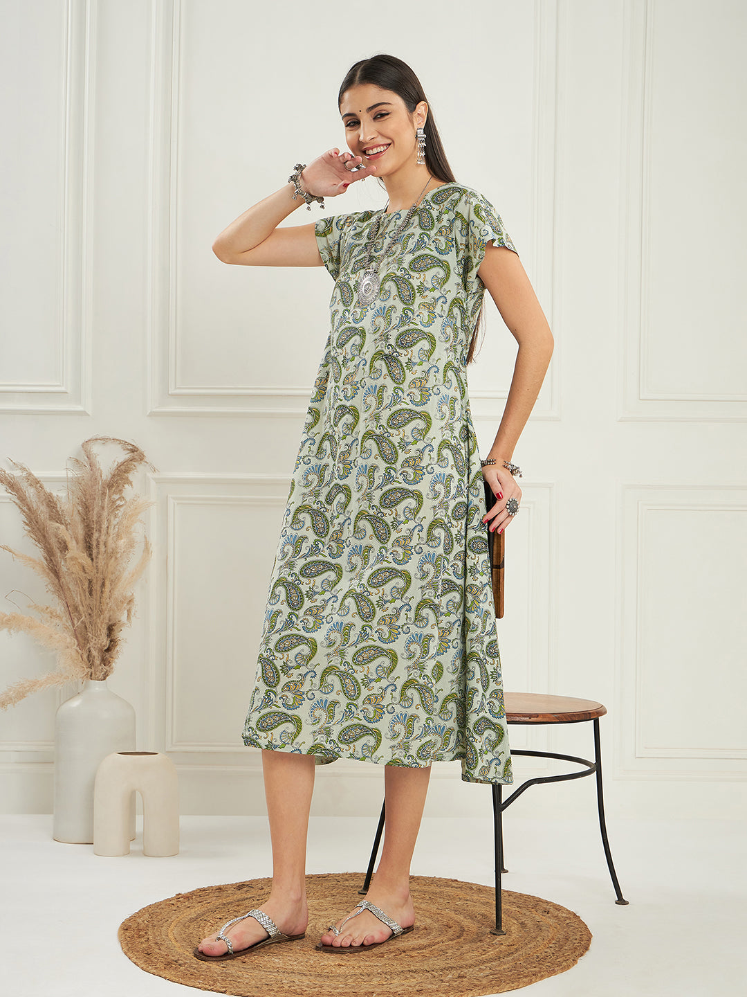 InWeave Women's Sage Green Paisley Print A Line Dress - Swadesiicart