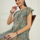 InWeave Women's Dull Green Leaf Floral Print A Line Dress - Swadesiicart