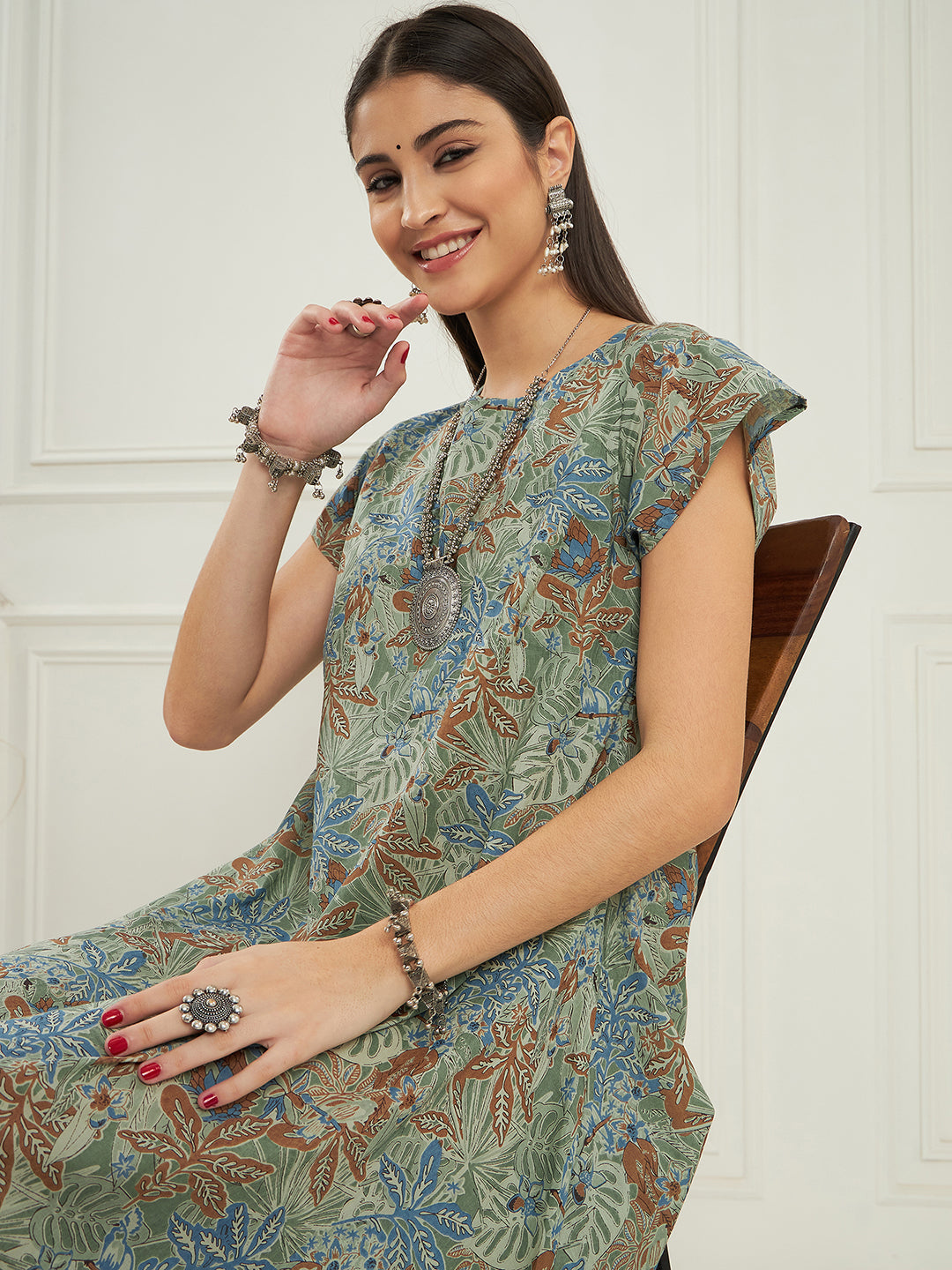 InWeave Women's Dull Green Leaf Floral Print A Line Dress - Swadesiicart