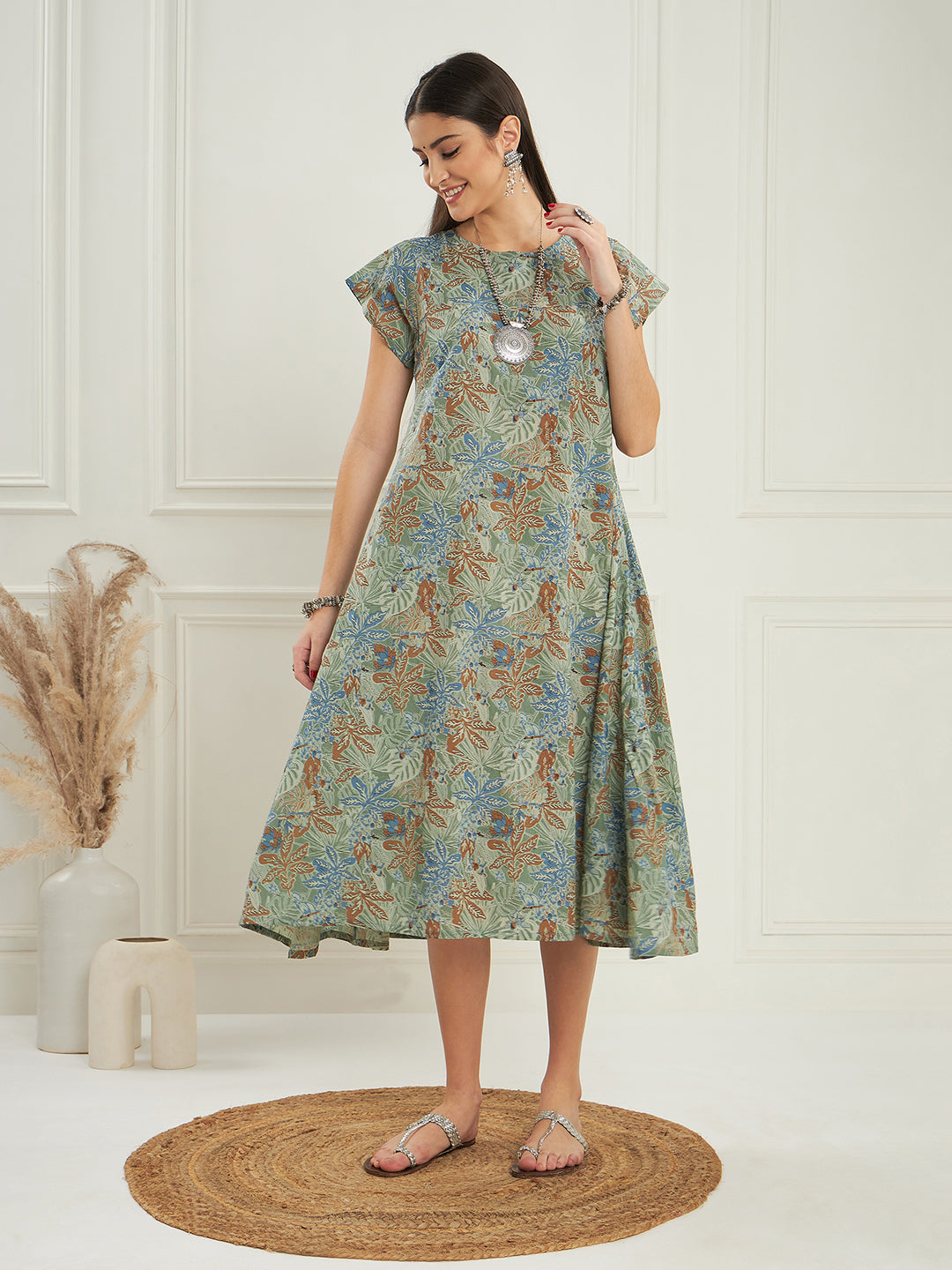 InWeave Women's Dull Green Leaf Floral Print A Line Dress - Swadesiicart