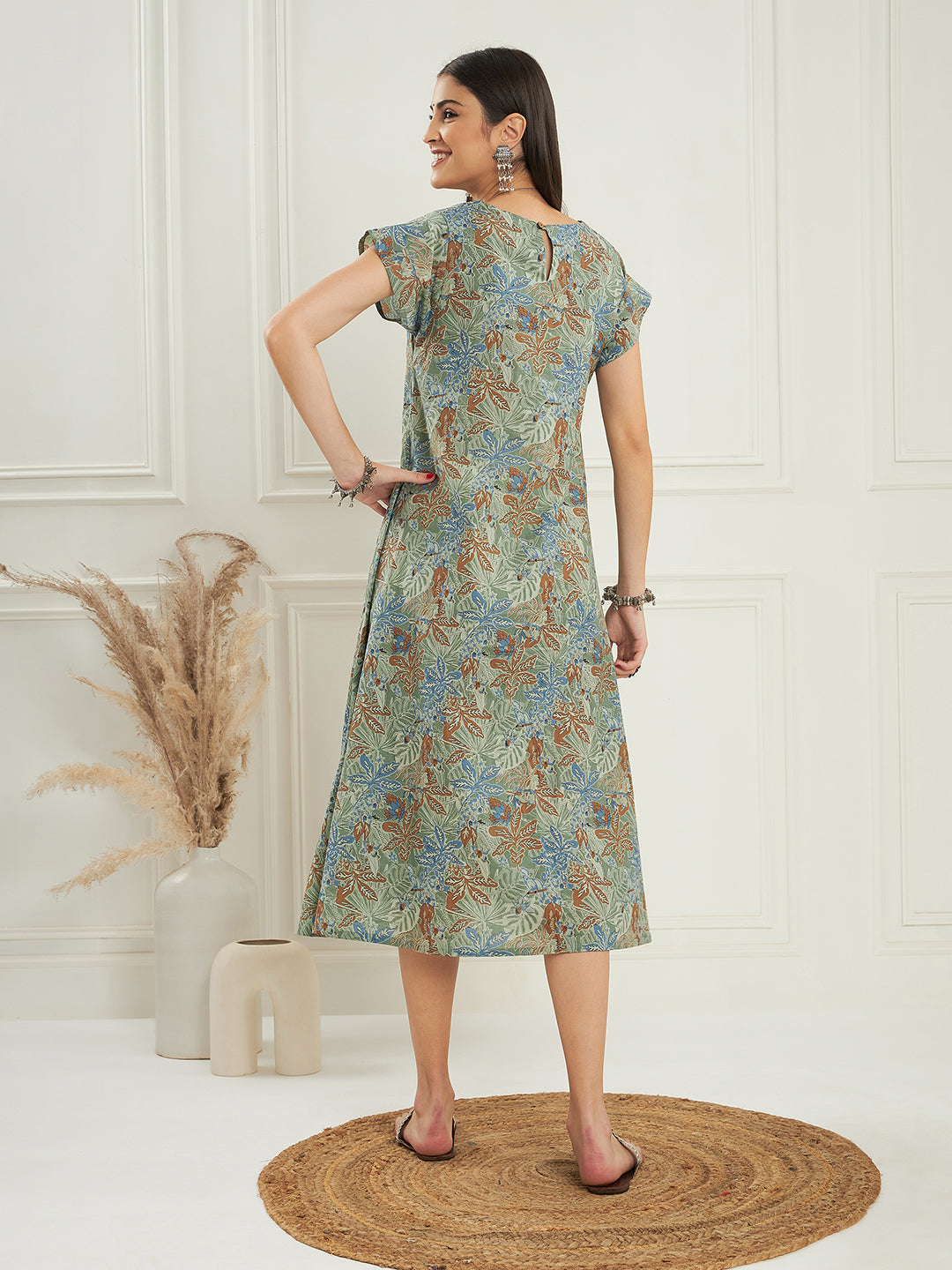 InWeave Women's Dull Green Leaf Floral Print A Line Dress - Swadesiicart