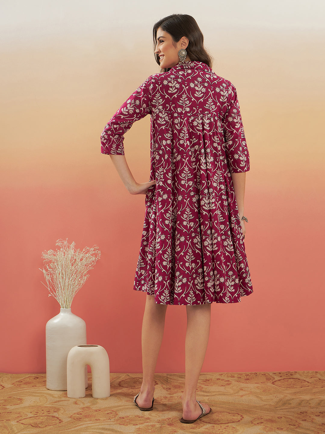 InWeave Women's Wine Cream Floral Print Flared Dress - Swadesiicart