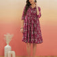InWeave Women's Wine Cream Floral Print Flared Dress - Swadesiicart
