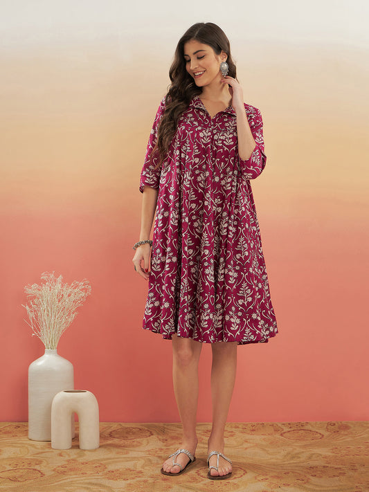 InWeave Women's Wine Cream Floral Print Flared Dress - Swadesiicart
