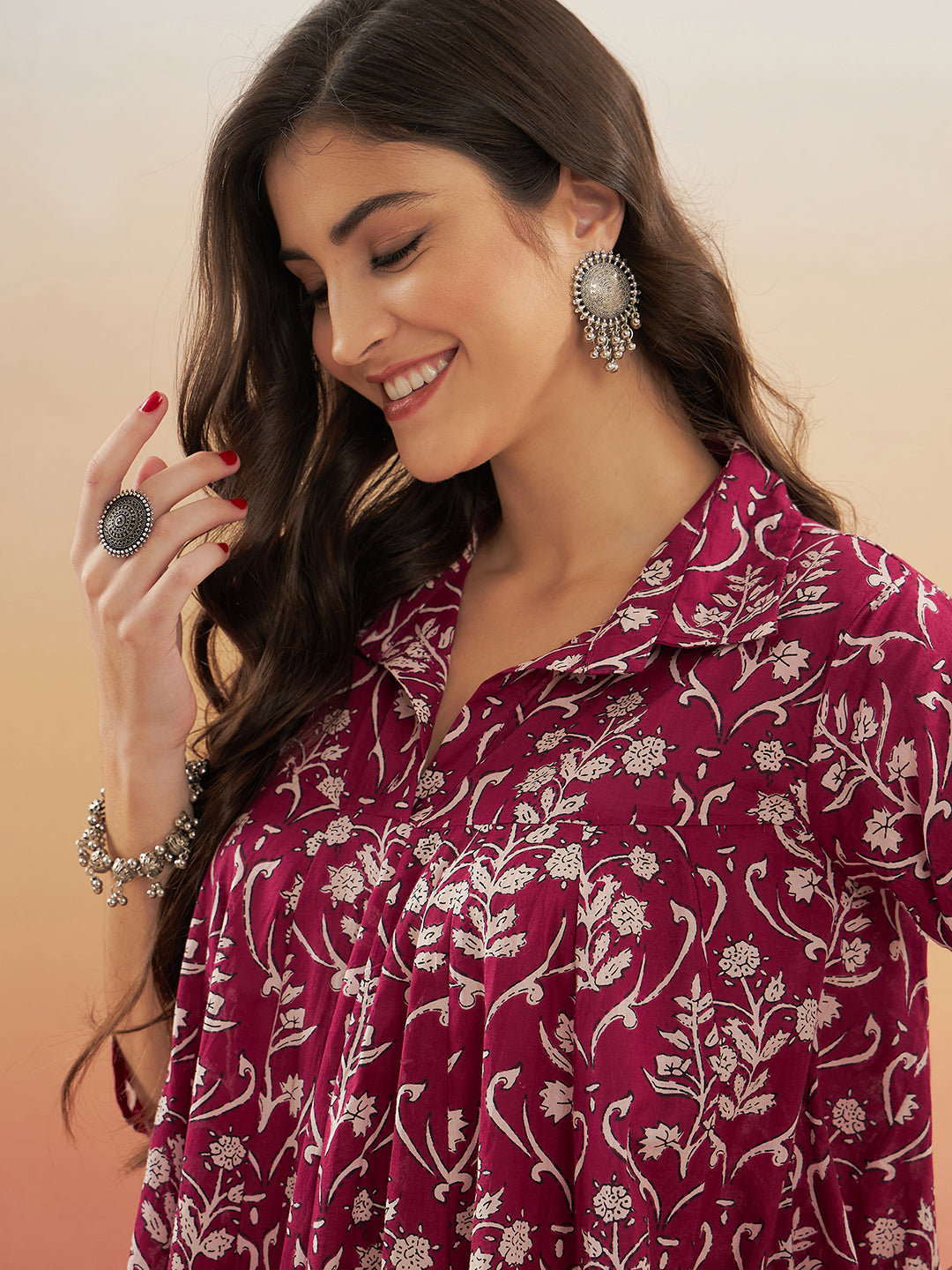 InWeave Women's Wine Cream Floral Print Flared Dress - Swadesiicart