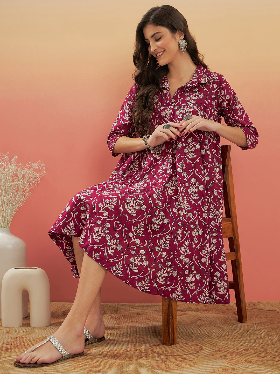InWeave Women's Wine Cream Floral Print Flared Dress - Swadesiicart