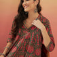 InWeave Women's Green Red Mughal Kalamkari Flared Dress - Swadesiicart