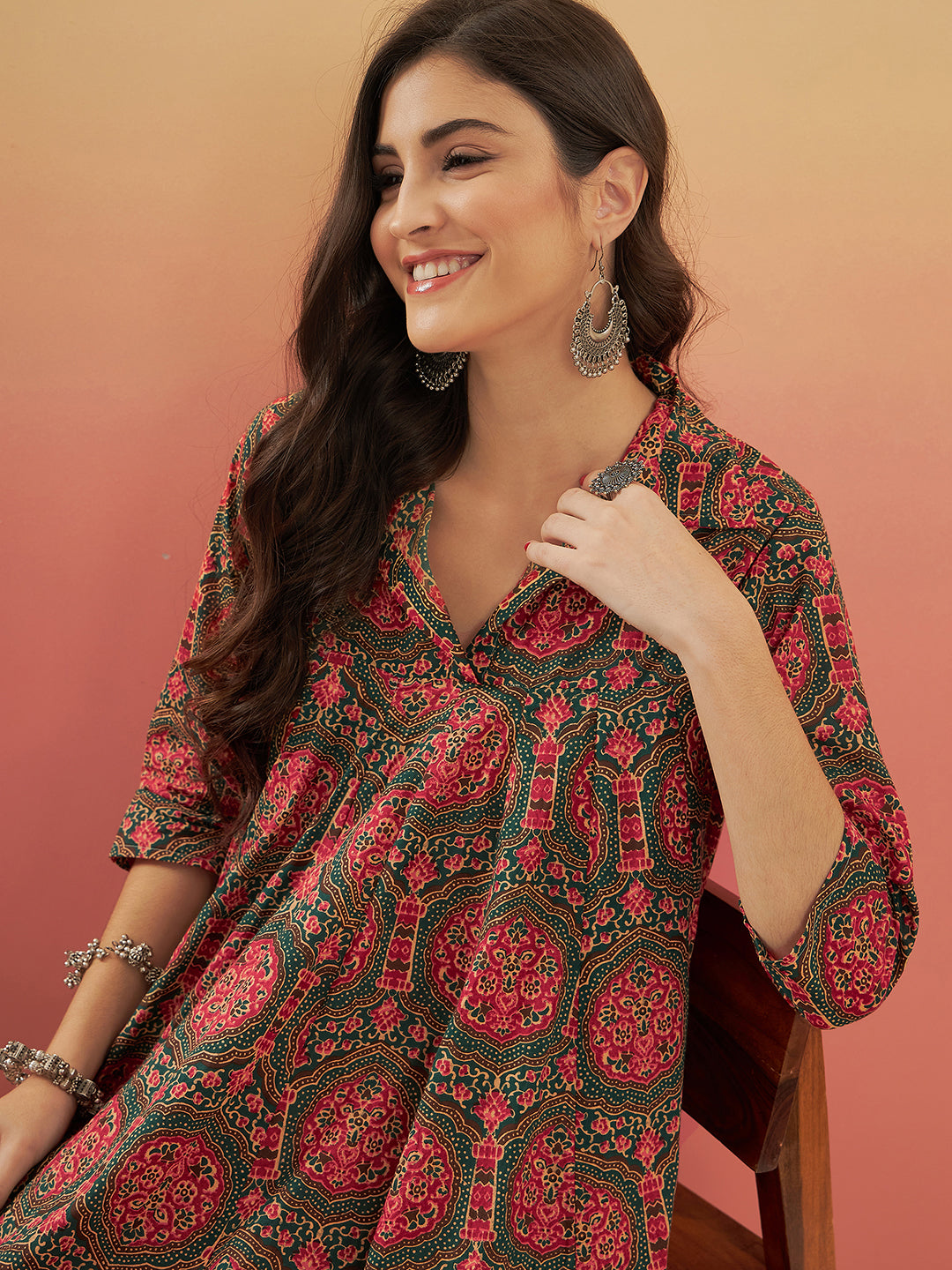 InWeave Women's Green Red Mughal Kalamkari Flared Dress - Swadesiicart