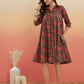 InWeave Women's Green Red Mughal Kalamkari Flared Dress - Swadesiicart