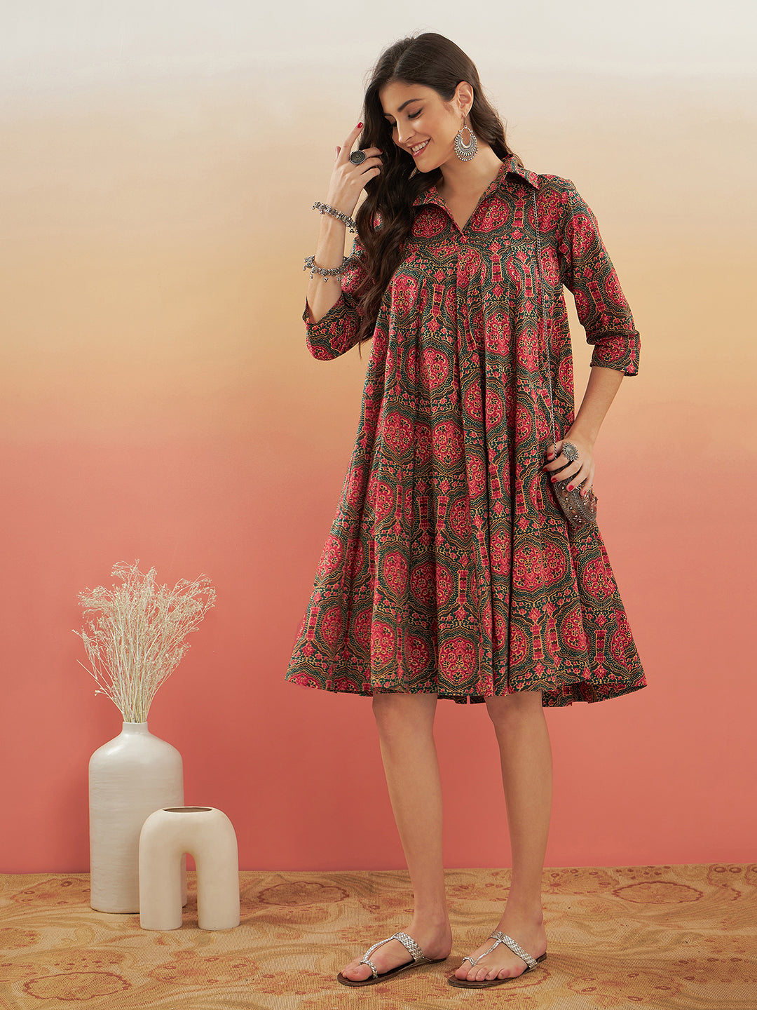 InWeave Women's Green Red Mughal Kalamkari Flared Dress - Swadesiicart