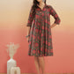 InWeave Women's Green Red Mughal Kalamkari Flared Dress - Swadesiicart