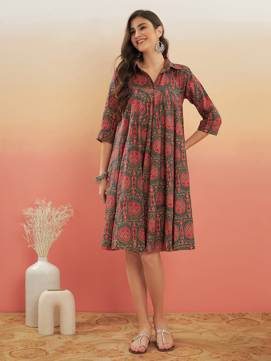 InWeave Women's Green Red Mughal Kalamkari Flared Dress - Swadesiicart
