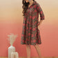 InWeave Women's Green Red Mughal Kalamkari Flared Dress - Swadesiicart