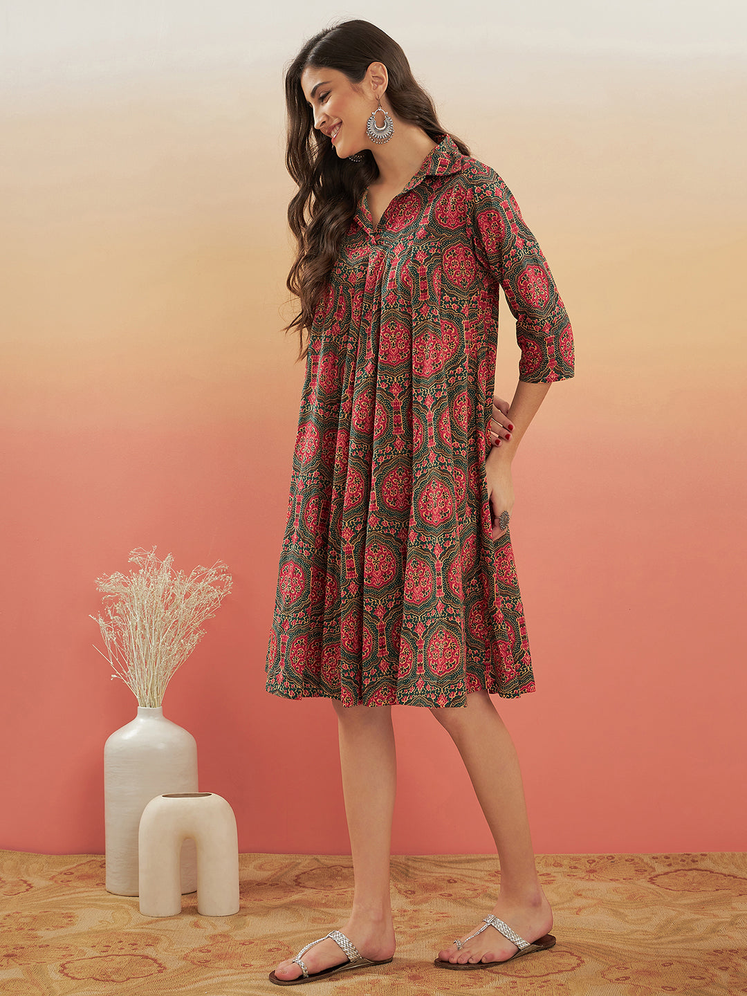 InWeave Women's Green Red Mughal Kalamkari Flared Dress - Swadesiicart