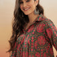 InWeave Women's Green Red Mughal Kalamkari Flared Dress - Swadesiicart