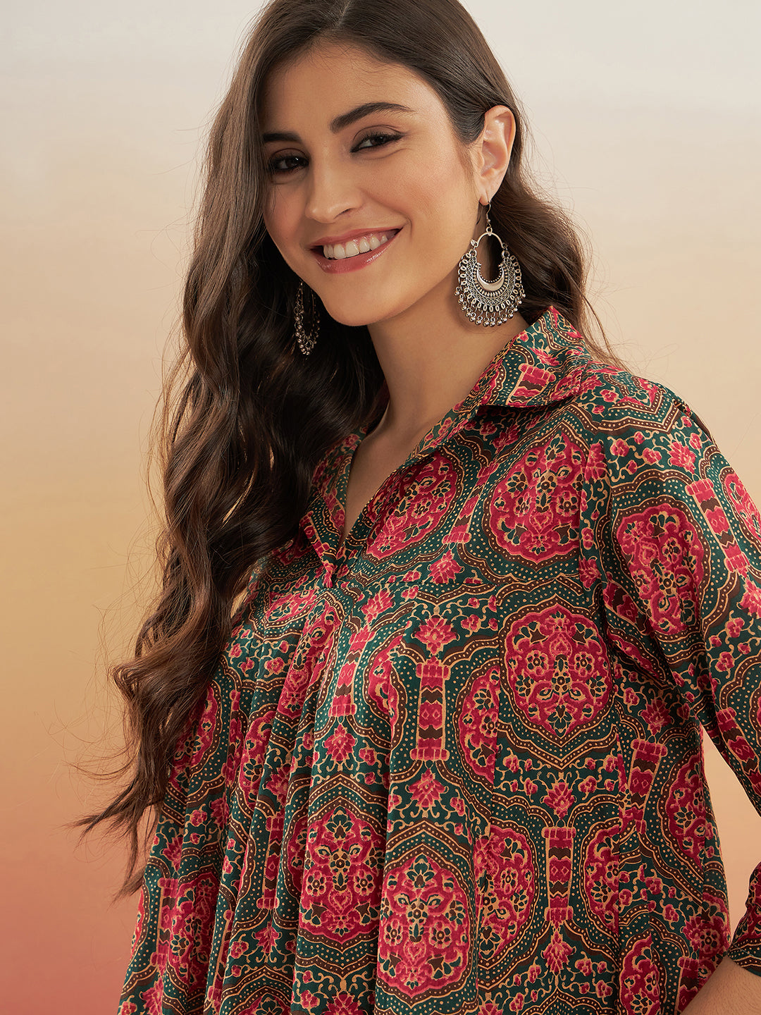 InWeave Women's Green Red Mughal Kalamkari Flared Dress - Swadesiicart