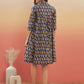 InWeave Women's Ink Blue Small Paisley Kalamkari Flared Dress - Swadesiicart