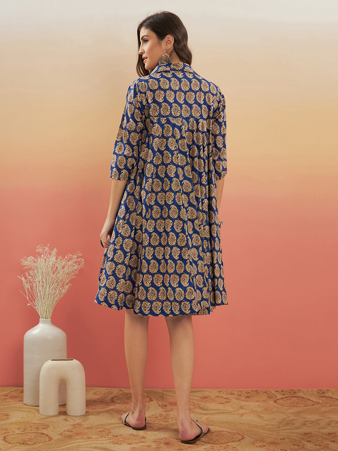 InWeave Women's Ink Blue Small Paisley Kalamkari Flared Dress - Swadesiicart