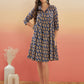 InWeave Women's Ink Blue Small Paisley Kalamkari Flared Dress - Swadesiicart