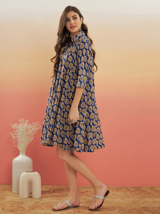 InWeave Women's Ink Blue Small Paisley Kalamkari Flared Dress - Swadesiicart
