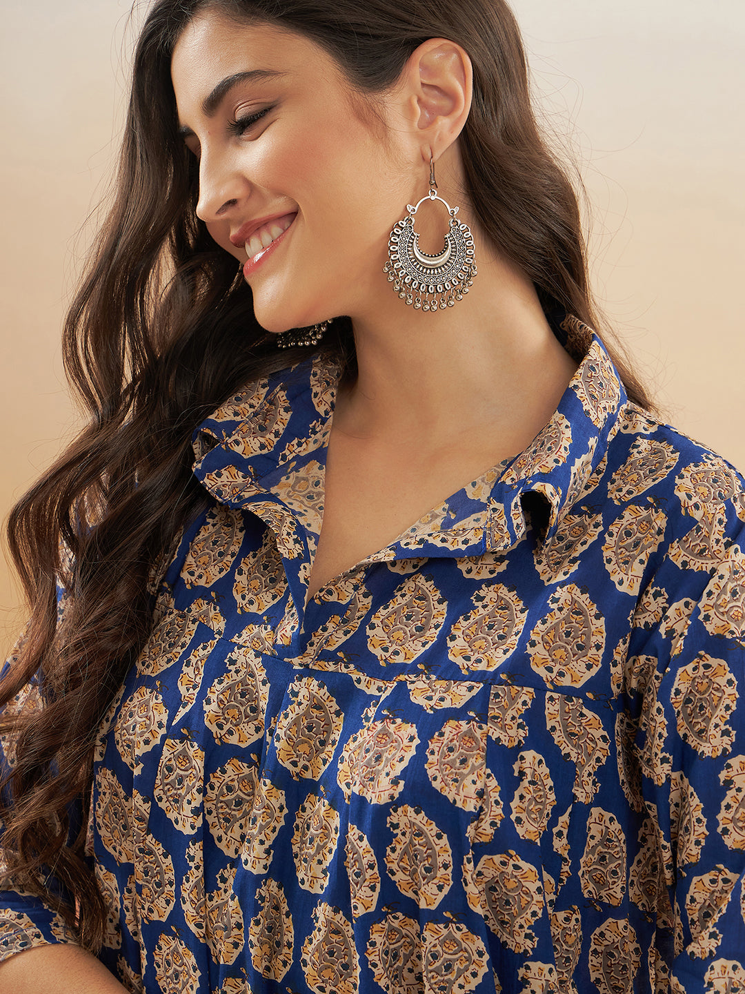 InWeave Women's Ink Blue Small Paisley Kalamkari Flared Dress - Swadesiicart