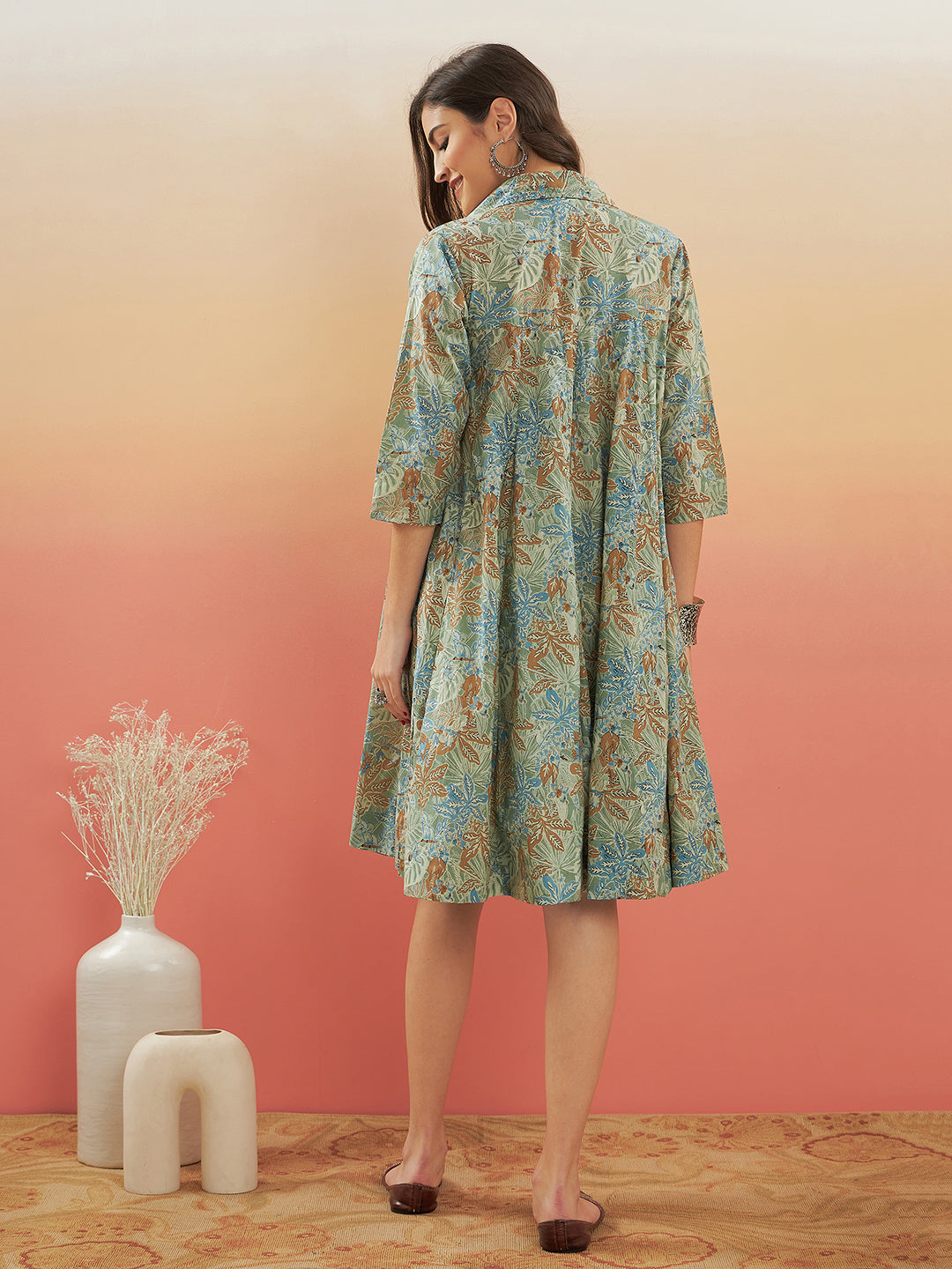 InWeave Women's Dull Green Leaf Floral Print Flared Dress - Swadesiicart