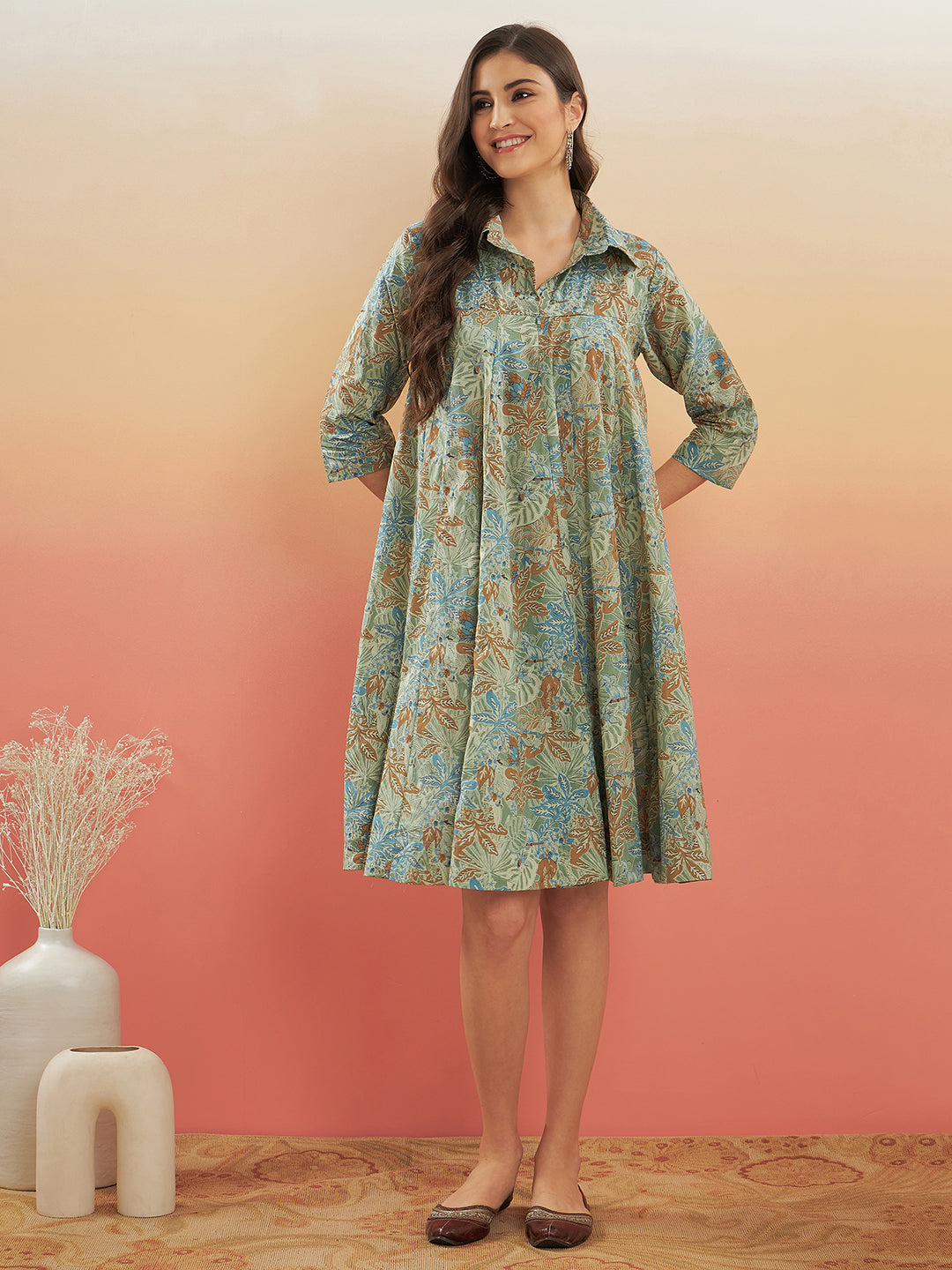 InWeave Women's Dull Green Leaf Floral Print Flared Dress - Swadesiicart