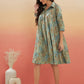 InWeave Women's Dull Green Leaf Floral Print Flared Dress - Swadesiicart