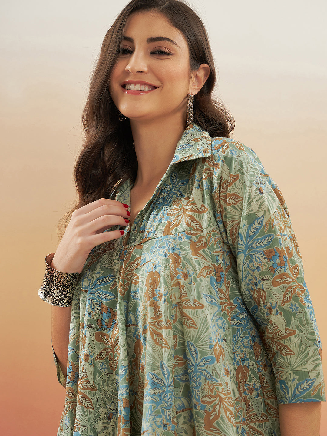InWeave Women's Dull Green Leaf Floral Print Flared Dress - Swadesiicart