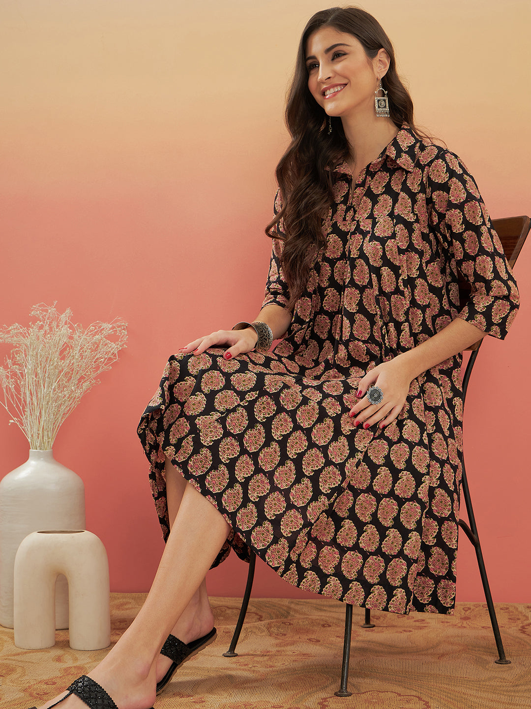 InWeave Women's Black Small Paisley Kalamkari Flared Dress - Swadesiicart
