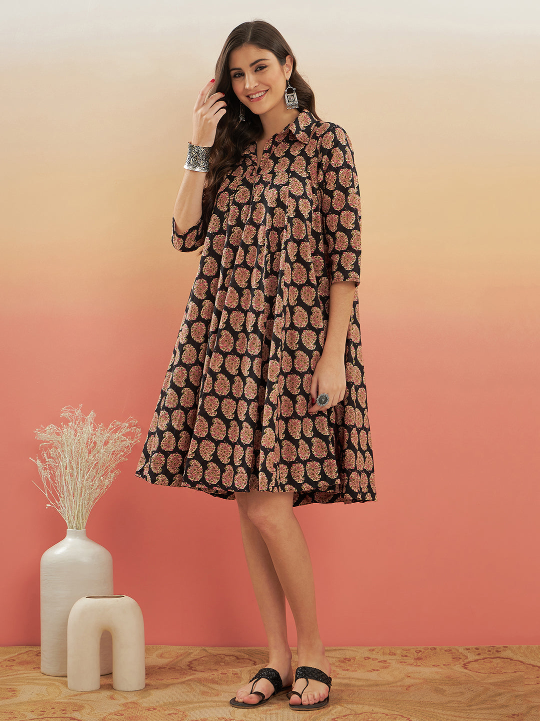 InWeave Women's Black Small Paisley Kalamkari Flared Dress - Swadesiicart