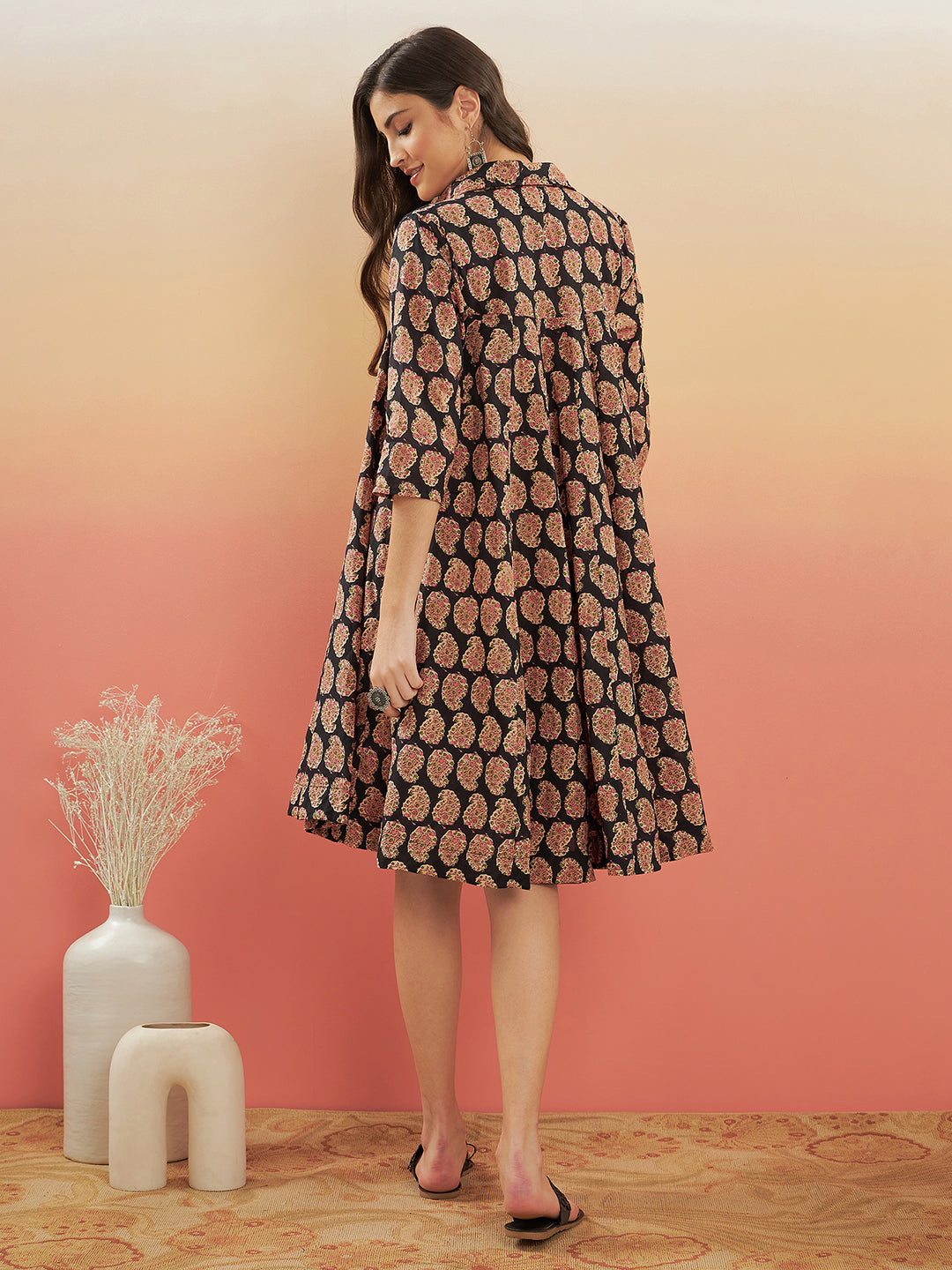InWeave Women's Black Small Paisley Kalamkari Flared Dress - Swadesiicart