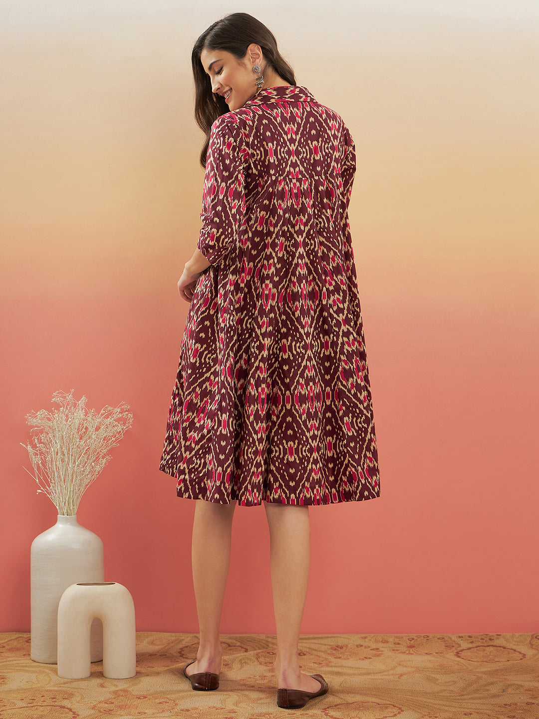 InWeave Women's Wine Ikkat Print Flared Dress - Swadesiicart