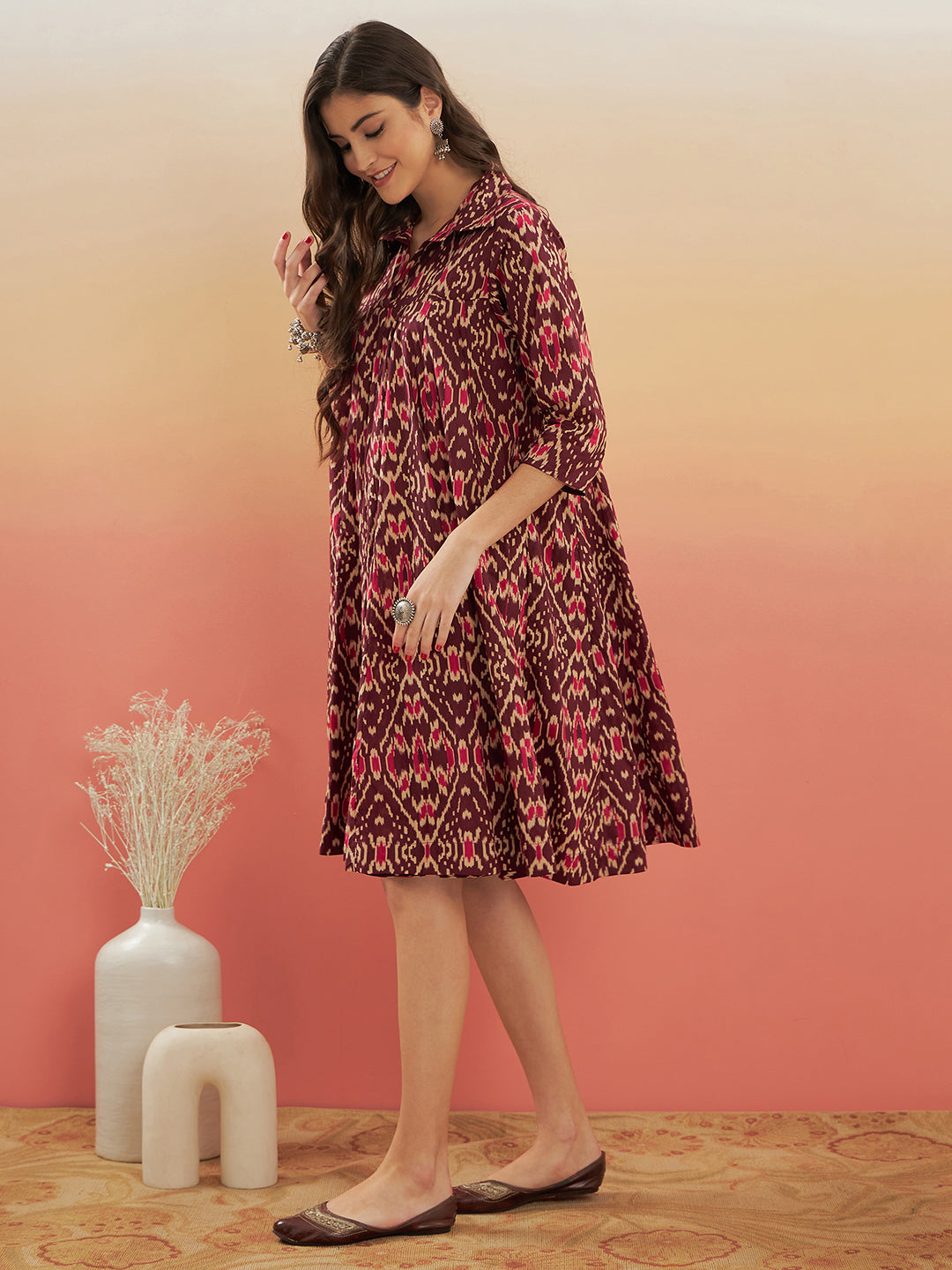 InWeave Women's Wine Ikkat Print Flared Dress - Swadesiicart