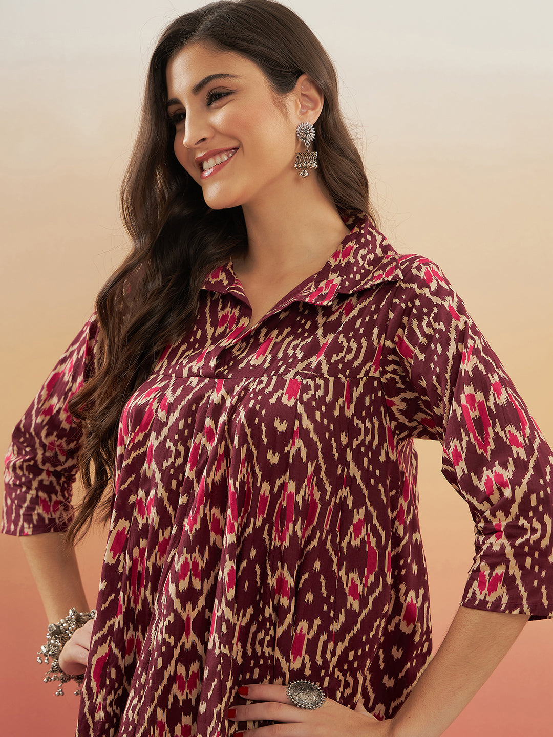 InWeave Women's Wine Ikkat Print Flared Dress - Swadesiicart