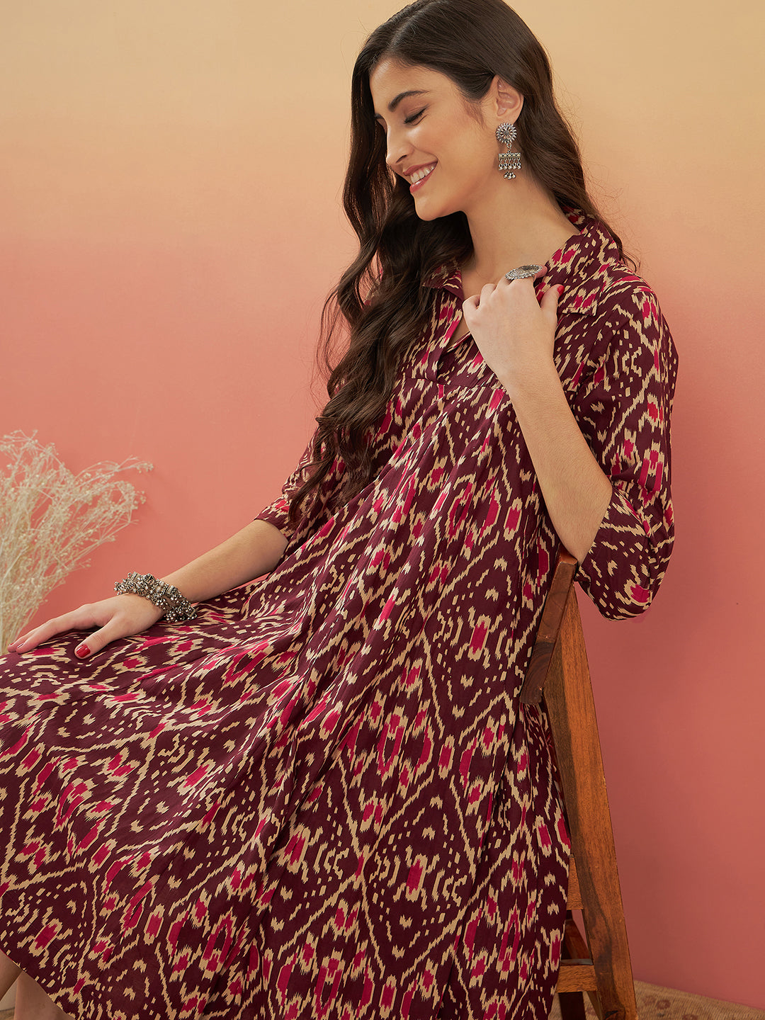 InWeave Women's Wine Ikkat Print Flared Dress - Swadesiicart