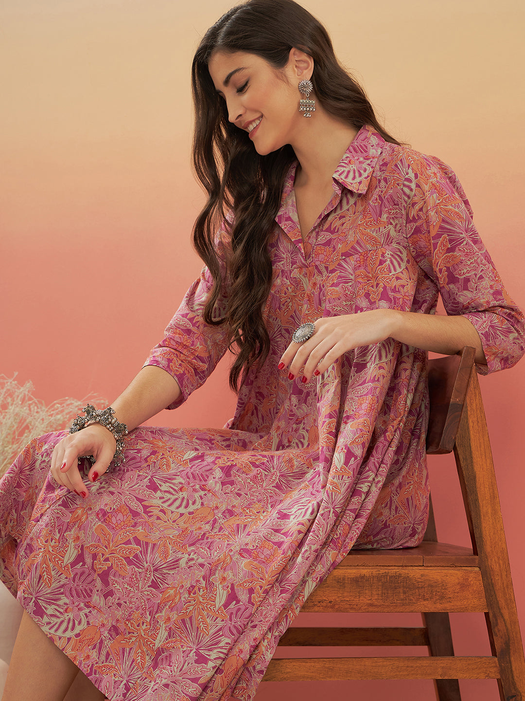 InWeave Women's Pink Coral Floral Print Flared Dress - Swadesiicart