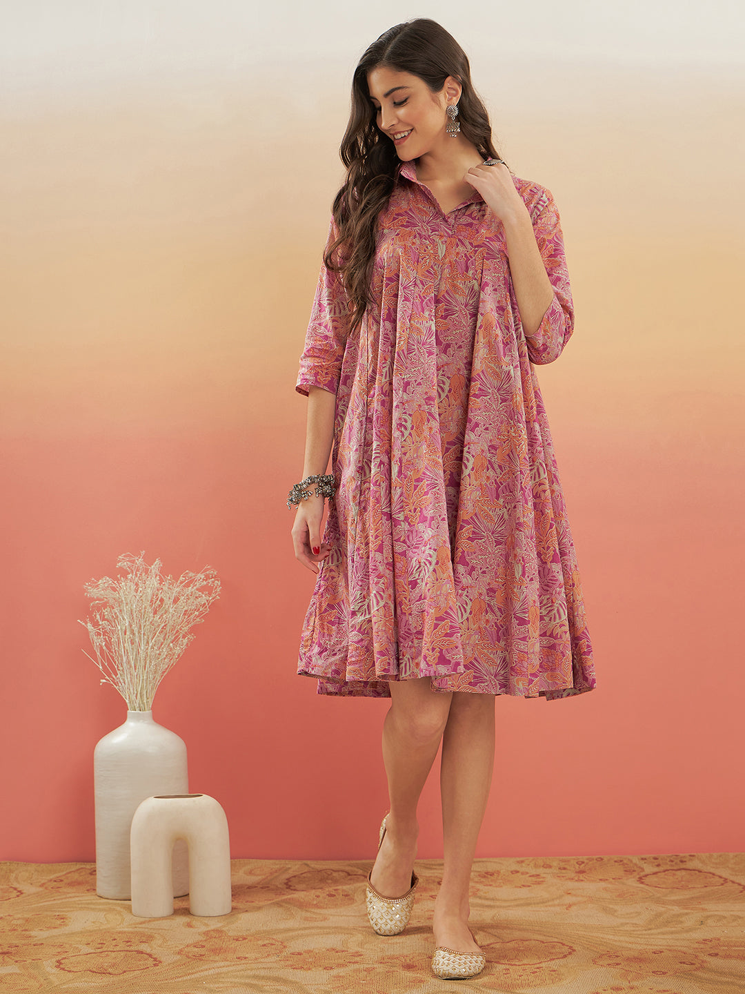 InWeave Women's Pink Coral Floral Print Flared Dress - Swadesiicart