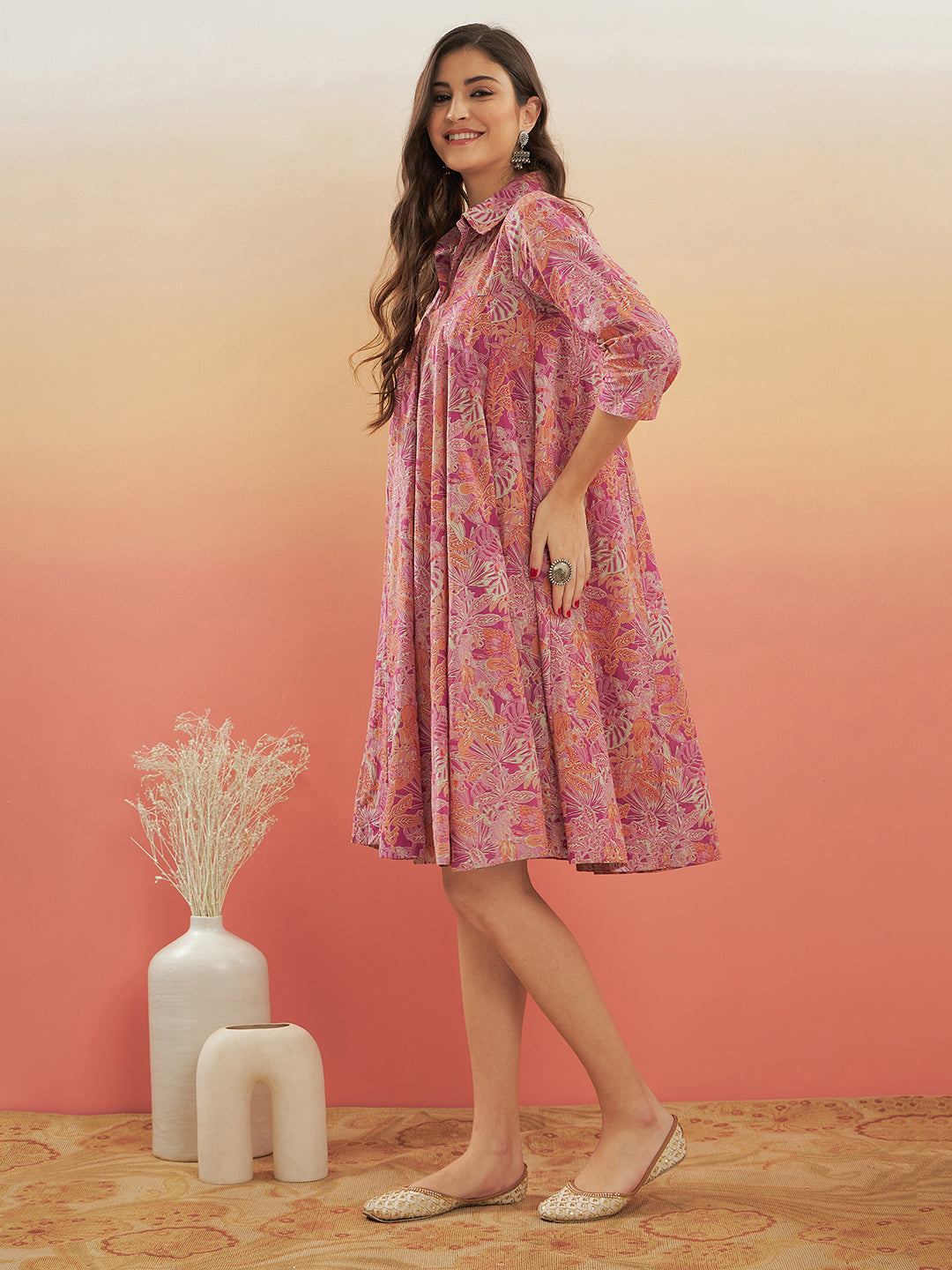 InWeave Women's Pink Coral Floral Print Flared Dress - Swadesiicart