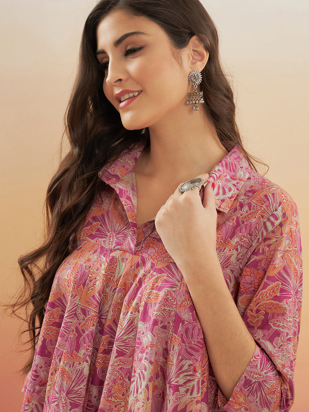 InWeave Women's Pink Coral Floral Print Flared Dress - Swadesiicart