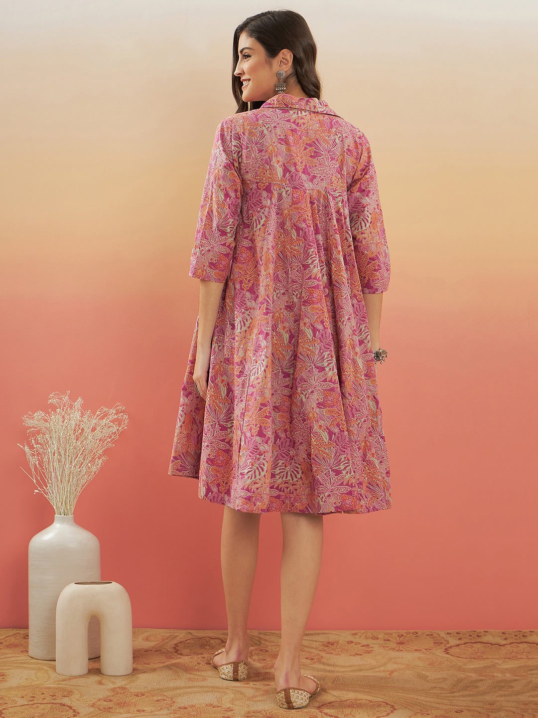 InWeave Women's Pink Coral Floral Print Flared Dress - Swadesiicart