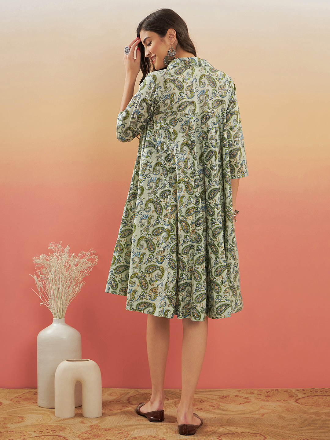 InWeave Women's Sage Green Paisley Print Flared Dress - Swadesiicart
