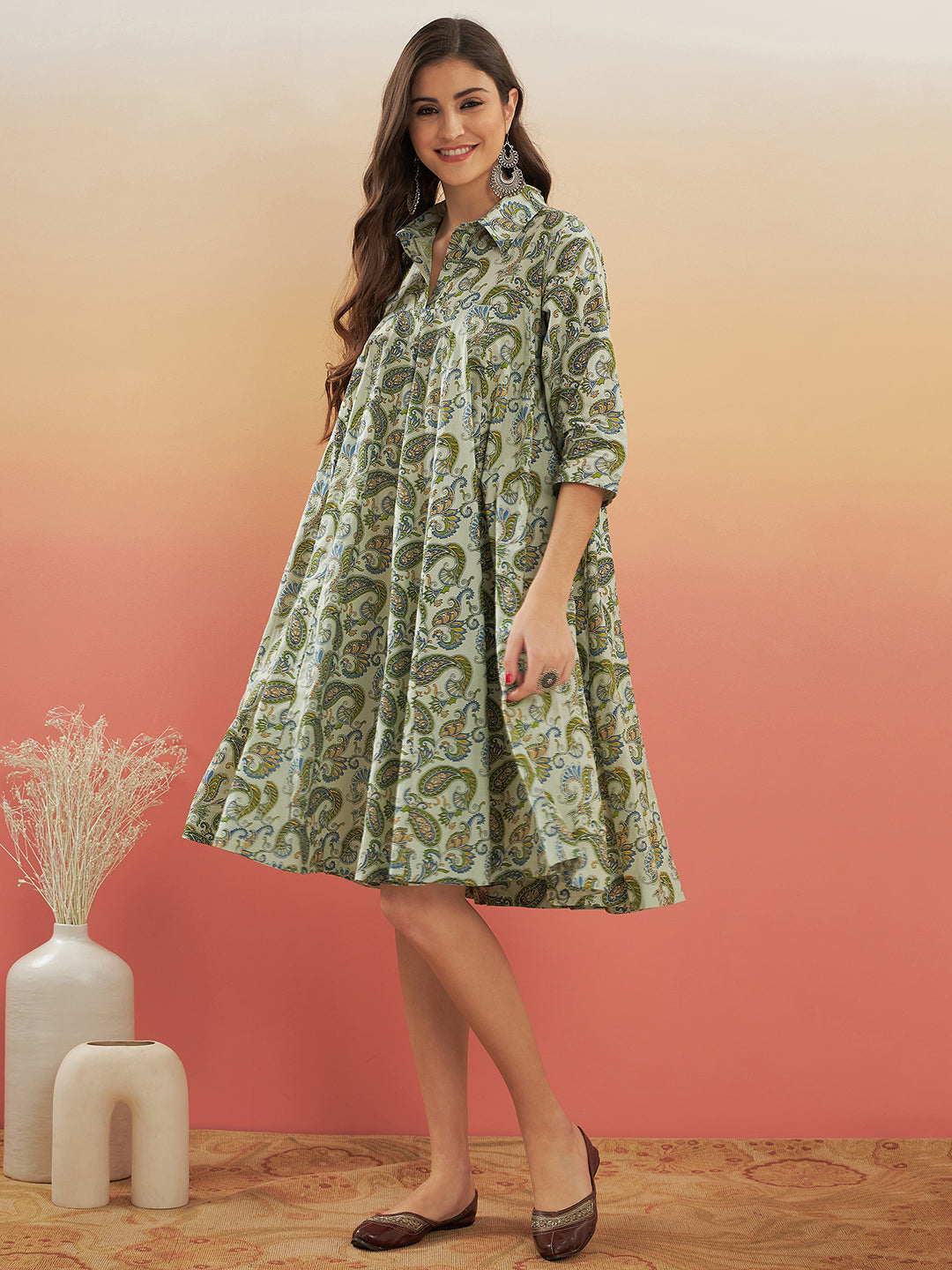 InWeave Women's Sage Green Paisley Print Flared Dress - Swadesiicart