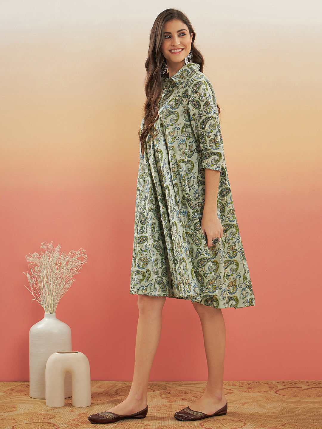 InWeave Women's Sage Green Paisley Print Flared Dress - Swadesiicart