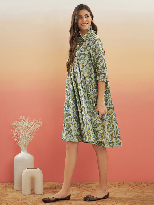 InWeave Women's Sage Green Paisley Print Flared Dress - Swadesiicart