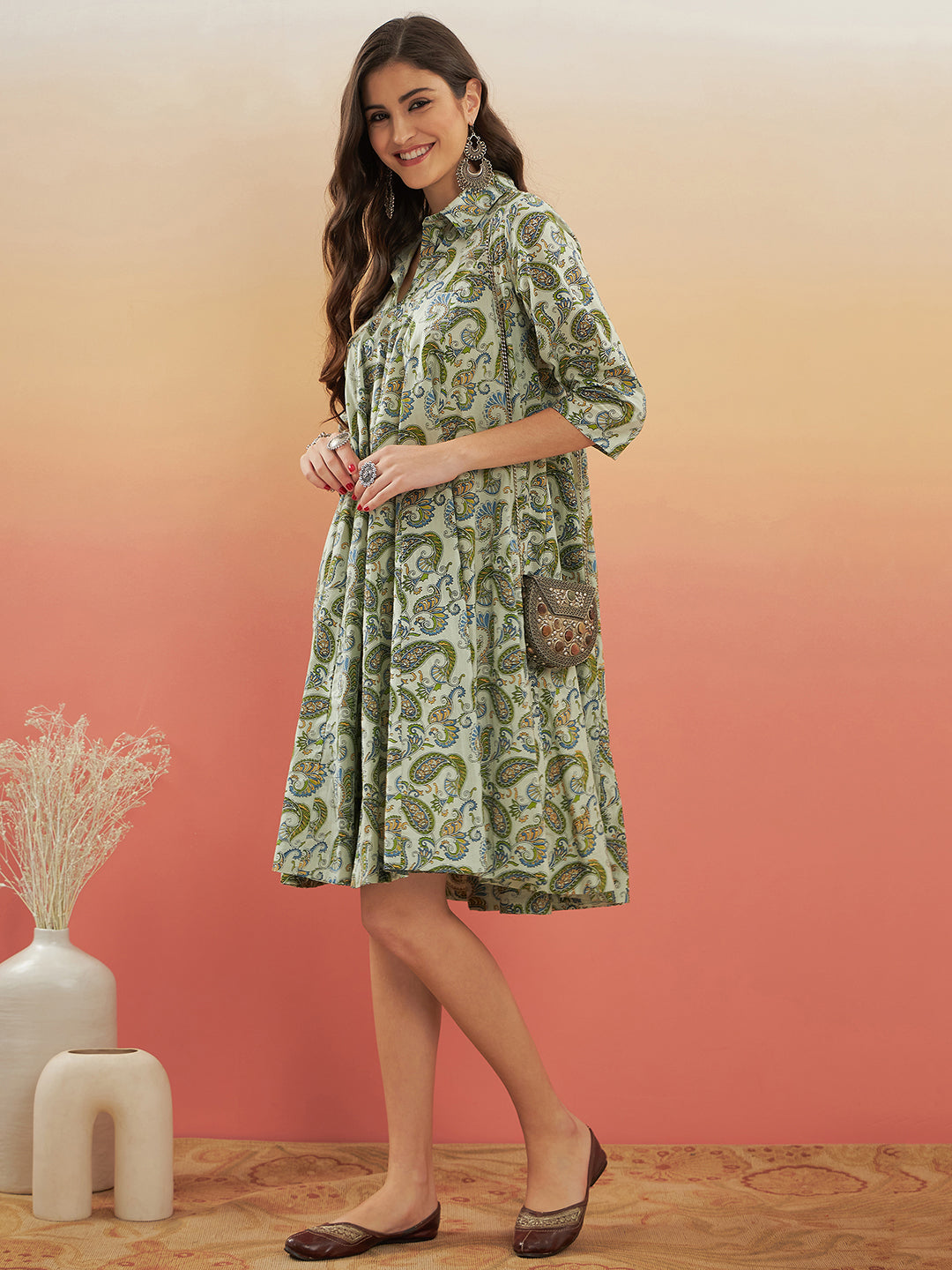 InWeave Women's Sage Green Paisley Print Flared Dress - Swadesiicart